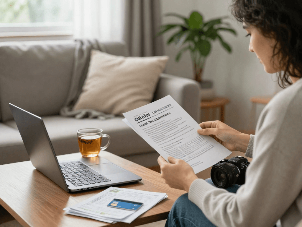Person reviewing options for debt relief in cozy living room.