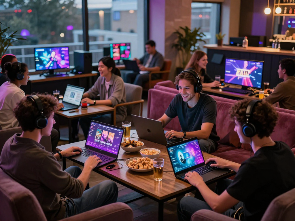 Social gathering enjoying porngame experiences with colorful screens and ambient lighting.