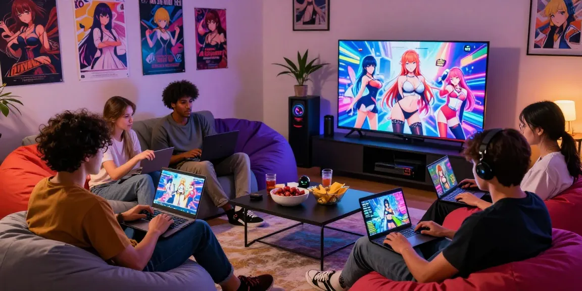 Group playing hentai games in a cozy living room, engaging atmosphere