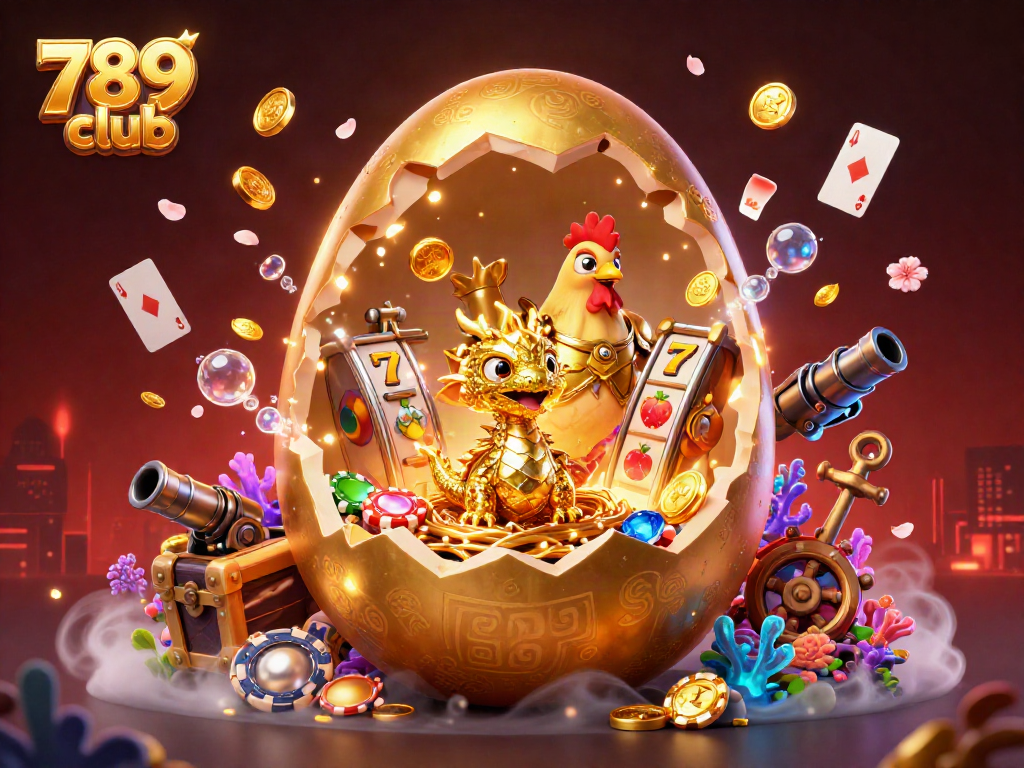 Engage with 789 club's thrilling casino adventure featuring a golden dragon atop poker chips amidst vibrant game elements.