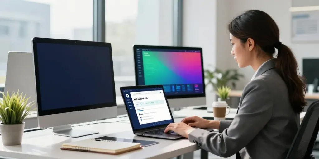 Professional woman engaged in .uk domain registration process at modern office desk, showcasing productivity and technology.