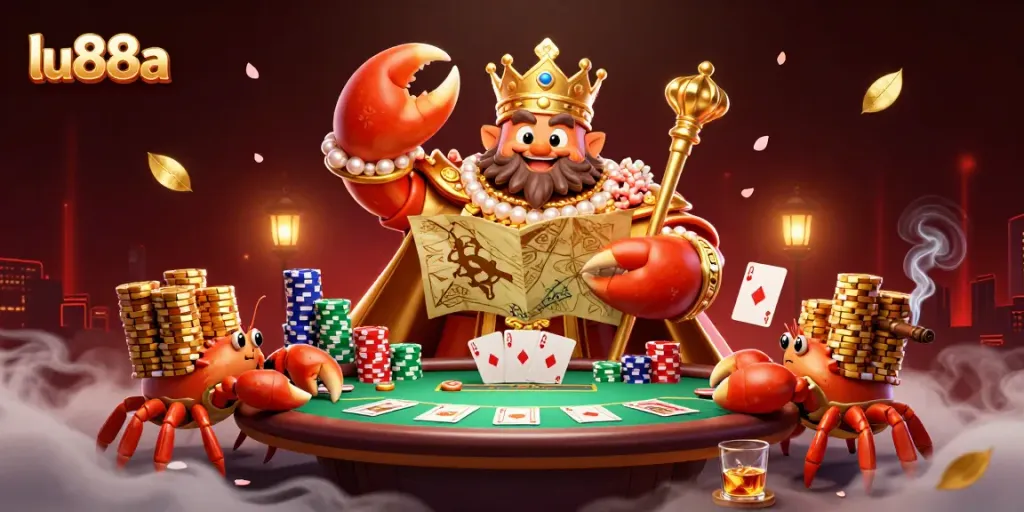Engage with lu88a's thrilling gaming experience featuring a golden crab emperor in a vibrant casino scene.