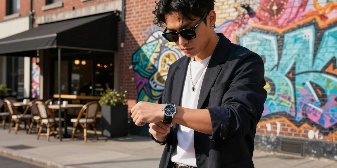 Stylish individual showcasing a premium clone watch against an urban backdrop, emphasizing luxury fashion.