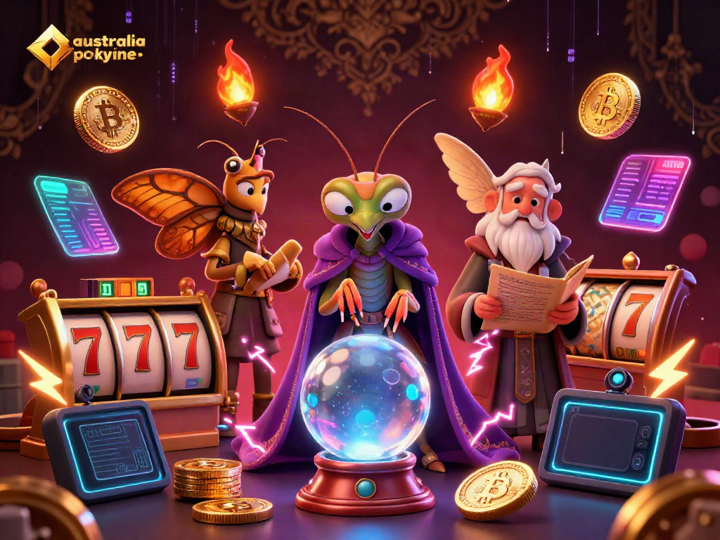 Engage with 3D cartoon elements representing australia pokies online, showcasing a fortune teller, librarian, and vibrant game symbols.