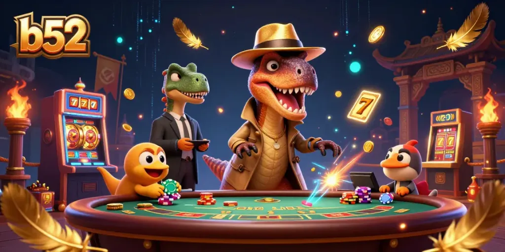Experience thrilling gameplay with b52's cartoon characters at a blackjack table surrounded by high-stakes elements.