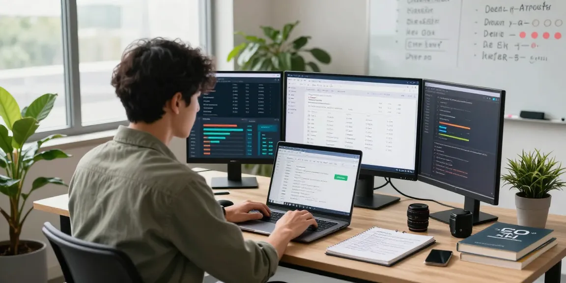 Digital marketing specialist utilizing AI SEO tools in a modern tech workspace with analytics on multiple screens.