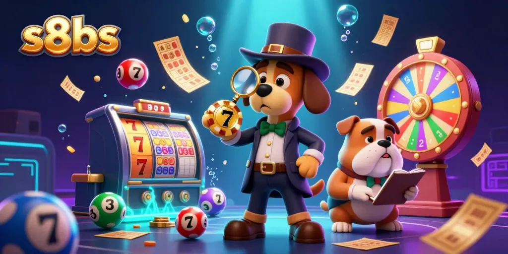 Engage with exciting casino gameplay at s8bs, featuring a detective examining poker chips amidst vibrant lottery elements.