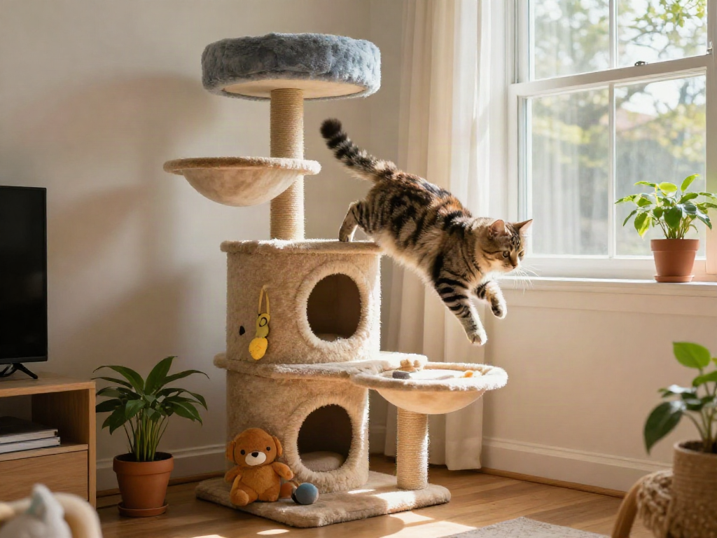Playful cat enjoying its cat cat tree with scratching posts and toys in a sunny home environment.