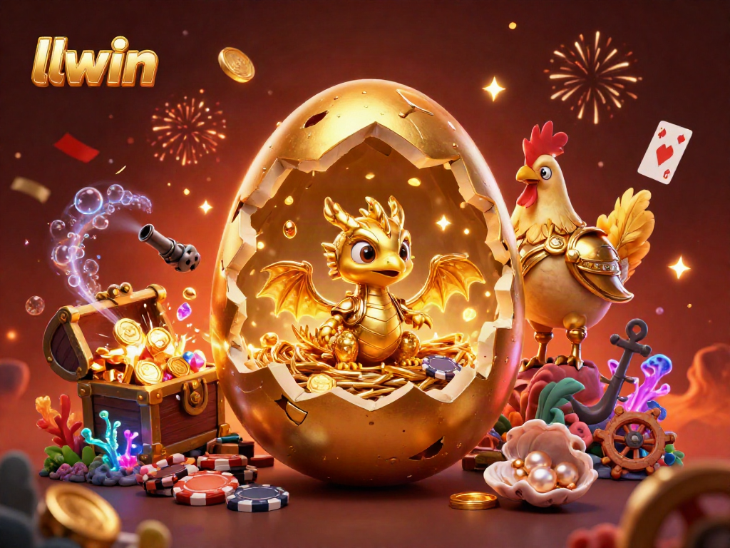 Experience luxury gaming with llwin's enchanting golden dragon and poker-themed treasure scene.