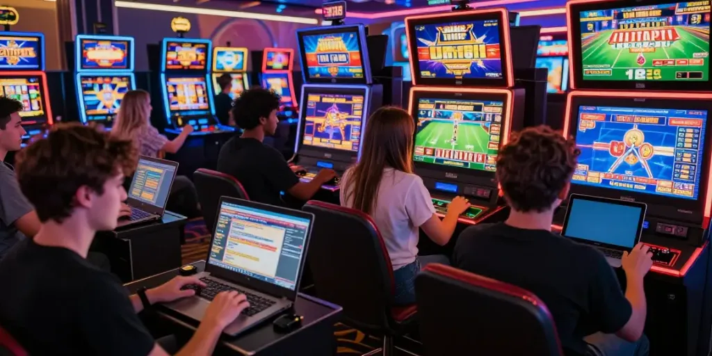 Engaged players exploring TX88 online gaming platform, showcasing diverse games in a vibrant atmosphere.