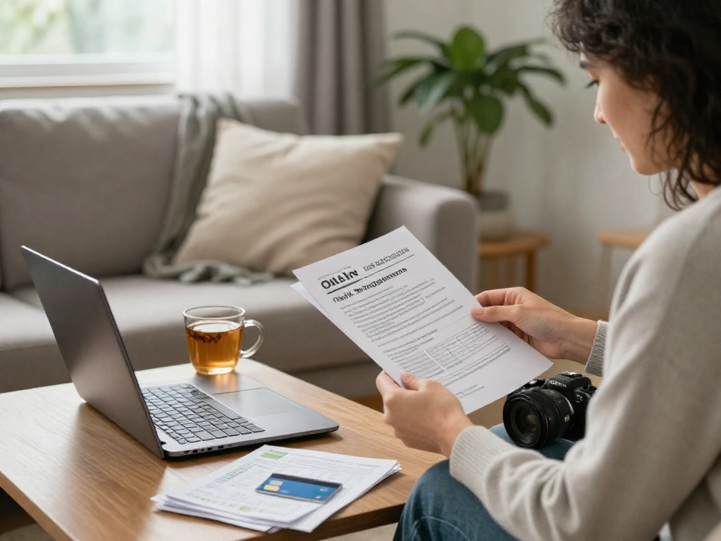 Person reviewing options for debt relief in cozy living room.