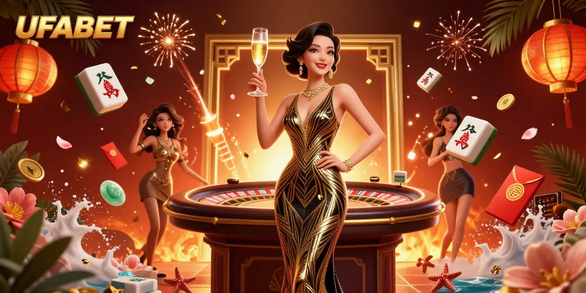 Experience thrilling gaming at UFABET with a glamorous atmosphere featuring roulette and festive decor.