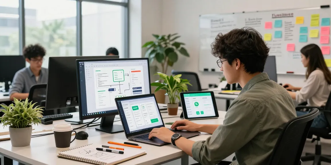 Designer creating WhatsApp下載 app mockups in a vibrant workspace.