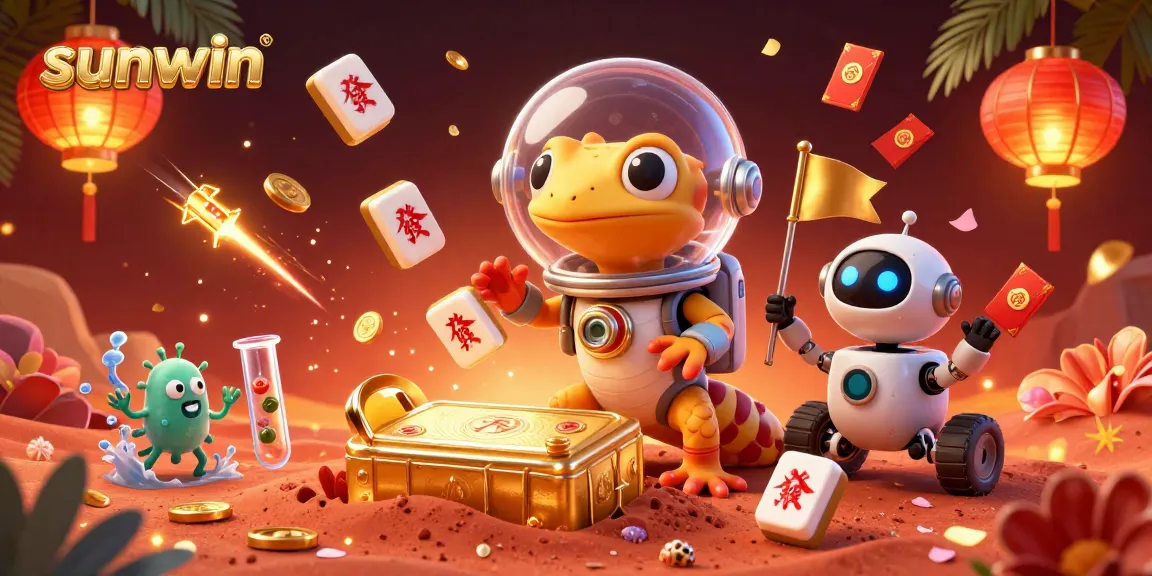 Experience the excitement of sunwin as a Martian gecko discovers a golden casino in a vibrant 3D illustration.