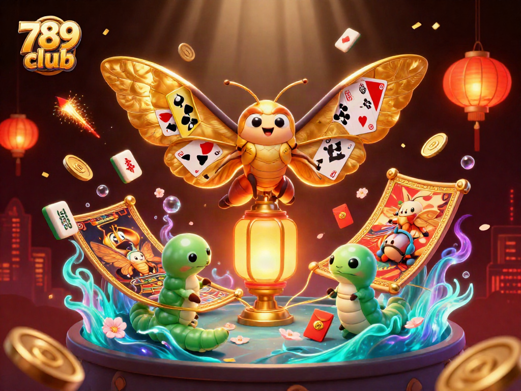 Play casino games at 789 club with a vibrant 3D illustration of golden moths and glowing elements.