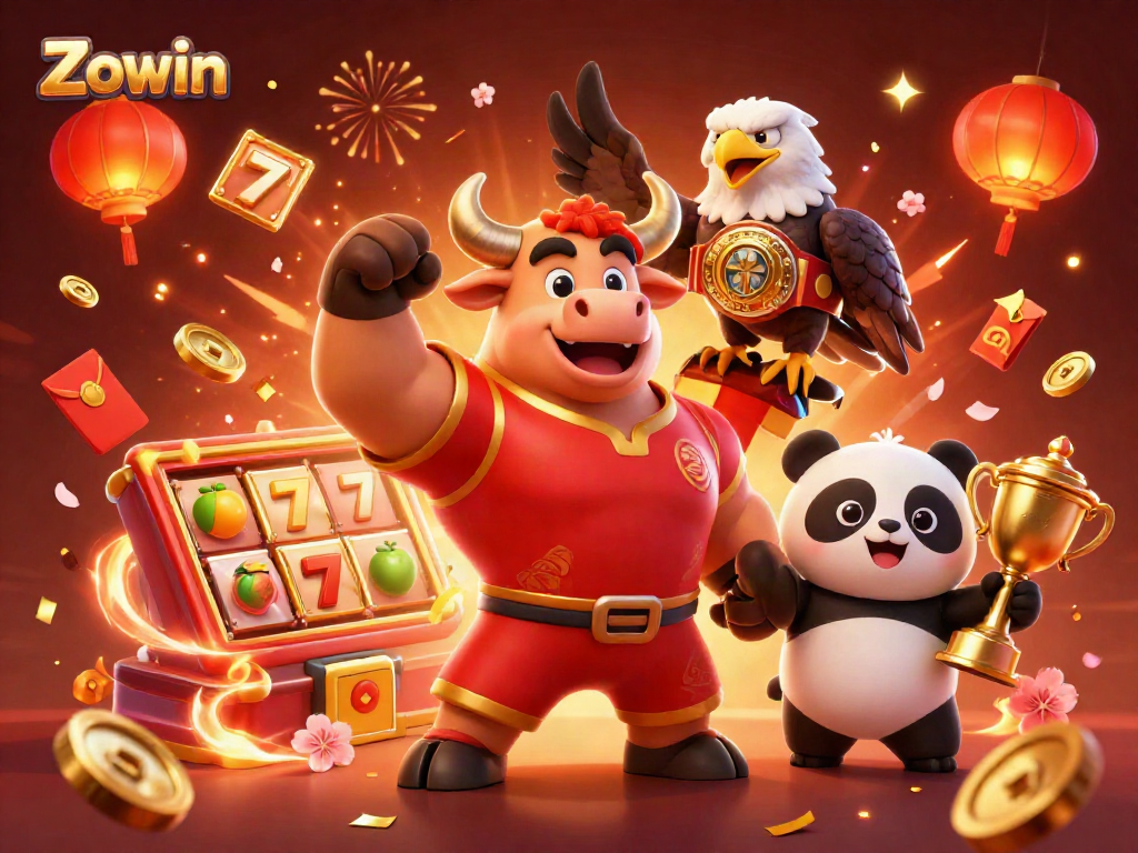 Zowin showcases a vibrant casino victory scene with animated characters celebrating a jackpot.