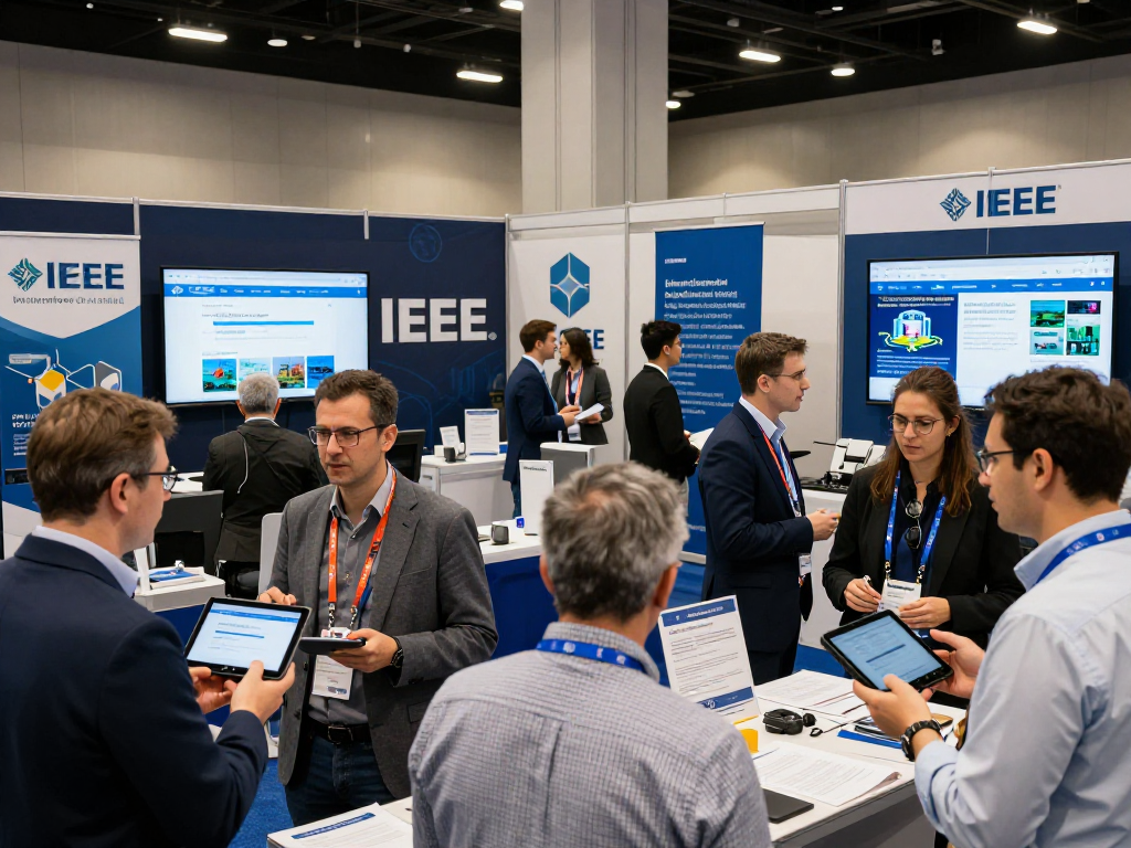 Networking professionals at a tech conference discussing https://ieee.org.uk innovations in engineering and technology.