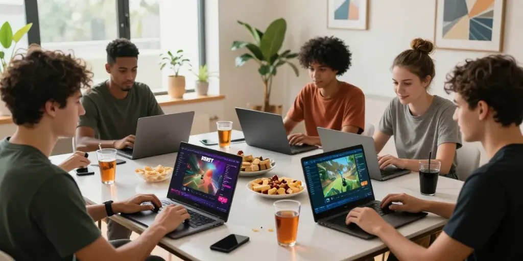 Friends enjoying an online gaming session on DEBET platform with vibrant graphics.