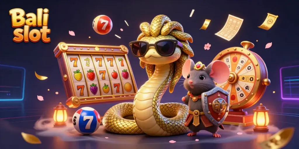 Bali slot showcases a vibrant, playful 3D illustration with Medusa and a warrior mouse amid dynamic casino elements.