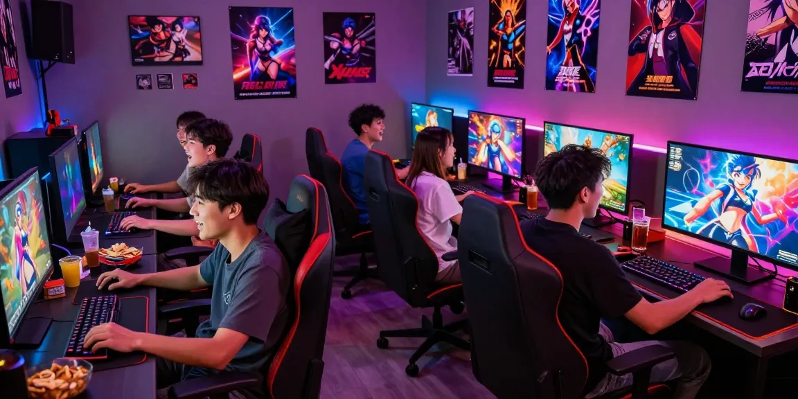 Engaged gamers enjoying hentai games in a colorful gaming lounge.