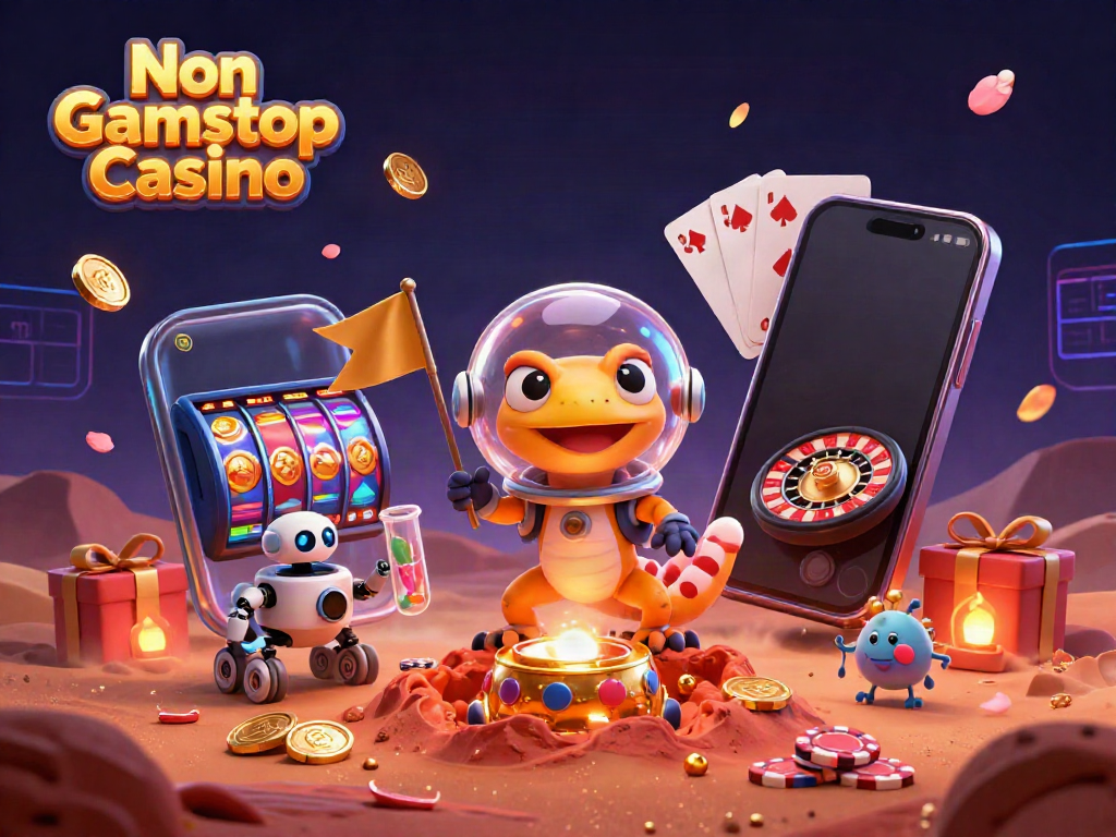 Experience the excitement of a Non Gamstop Casino with a Martian gecko exploring a golden site.