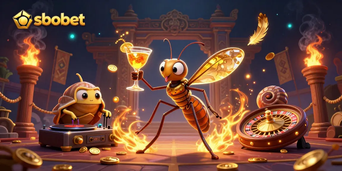 Sbobet interactive illustration with a mascot, trilobite DJ, and roulette wheel in an energetic casino scene.