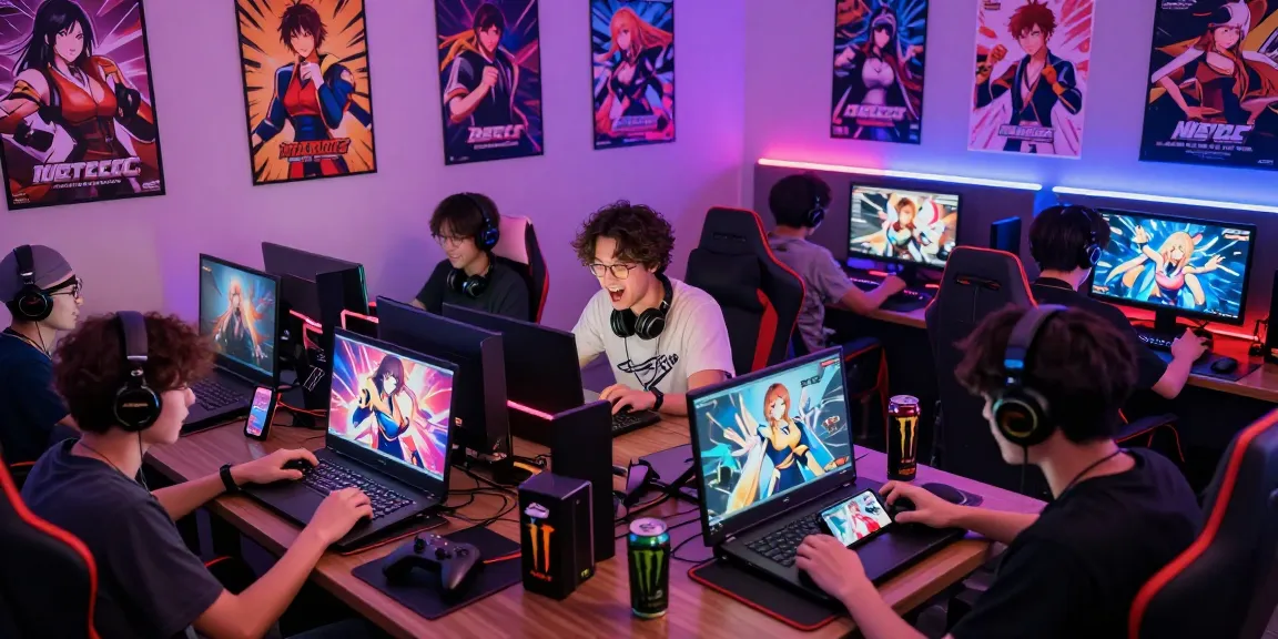 Players engaging with ecchi games across various devices in a lively gaming lounge with colorful decor.