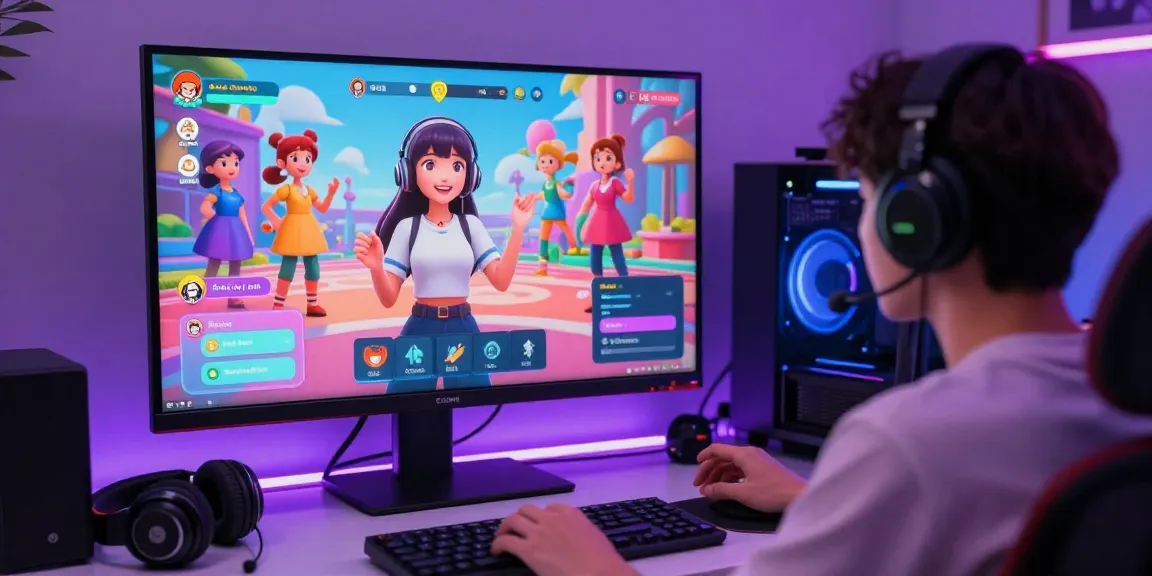 Interactive ecchi AI character chat experience featuring colorful avatars and immersive gaming setup.