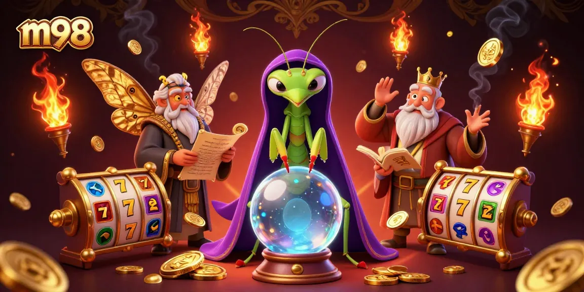 M98 players exploring exciting slot games with vibrant graphics and golden prizes.