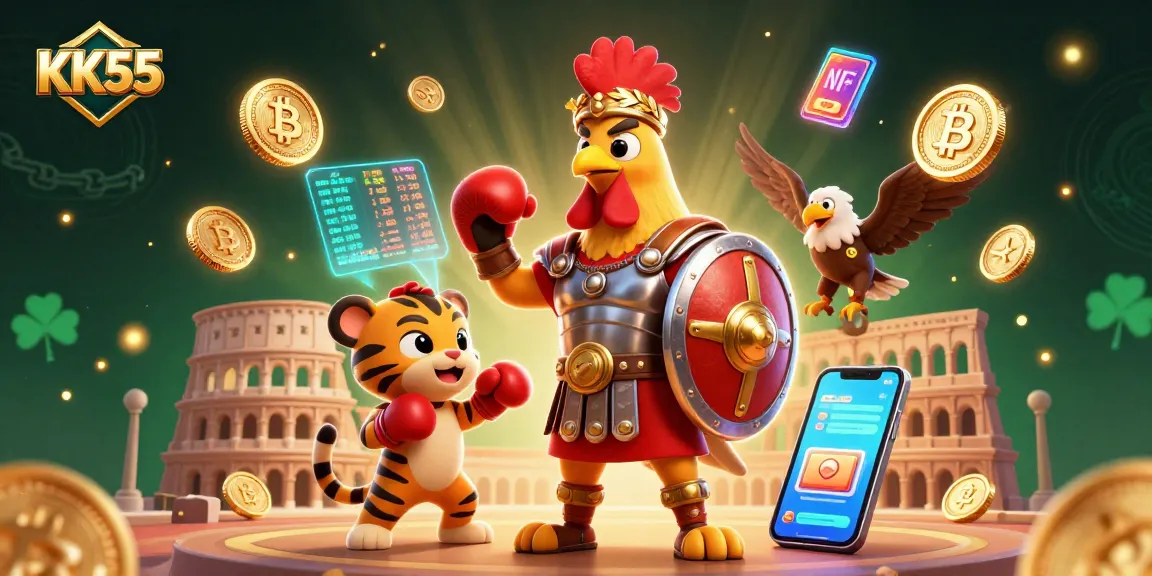 Engage in thrilling gameplay with KK55 at a vibrant casino featuring gladiatorial characters.