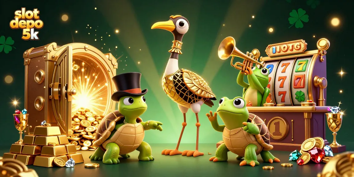 Experience thrilling wins with slot depo 5k at an illustrated 3D casino scene.