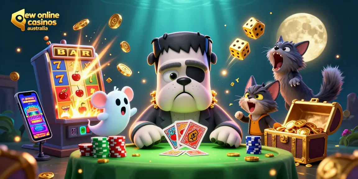 Join the thrill at new online casinos Australia with a vibrant scene of playful characters and casino elements.